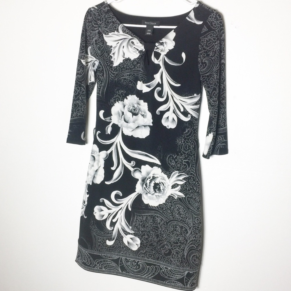 WHBM Black White Floral Rose Sheath Dress C3